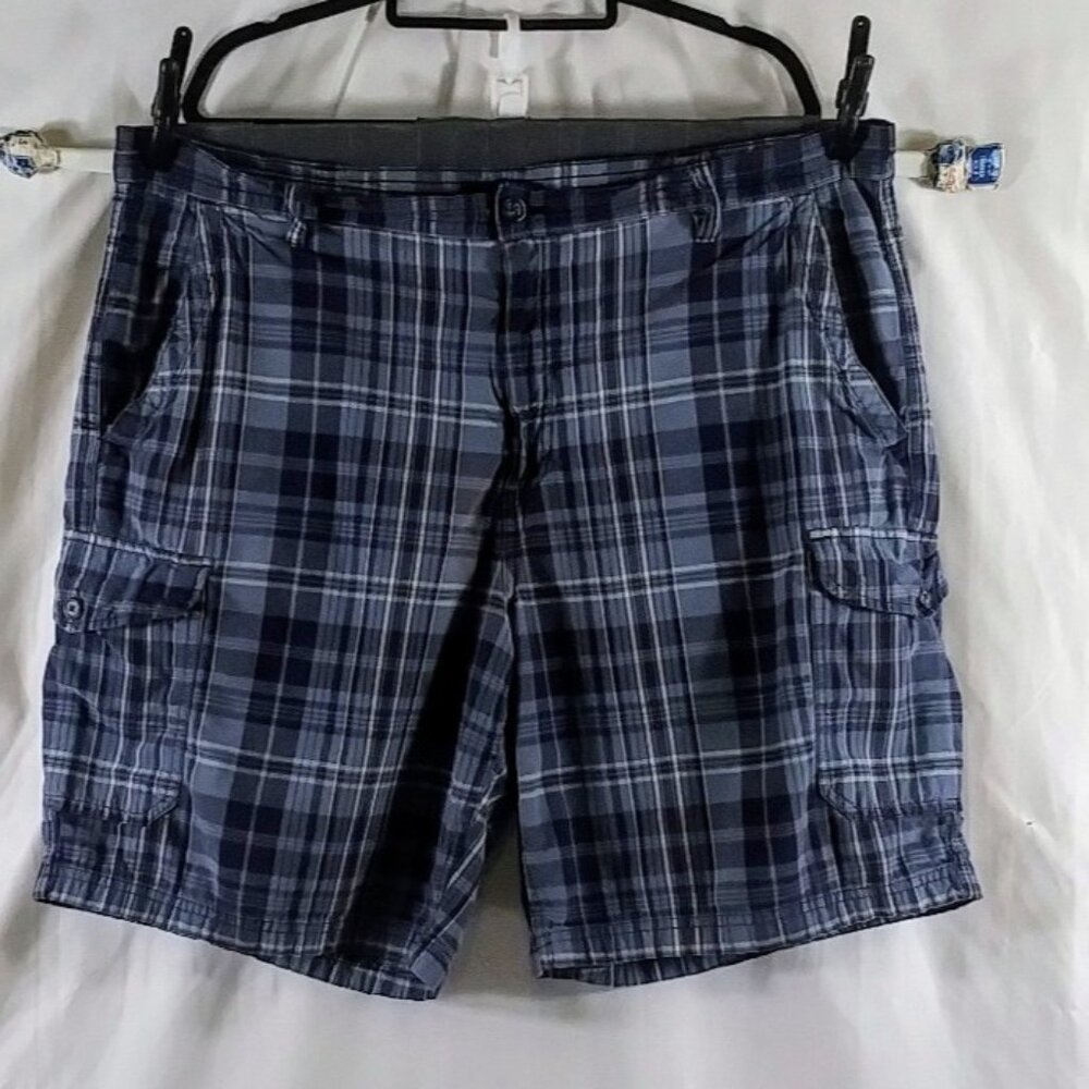 Basic Editions Men's Blue Tartan Cargo 100% COTTON Plaid Summer Shorts Size L